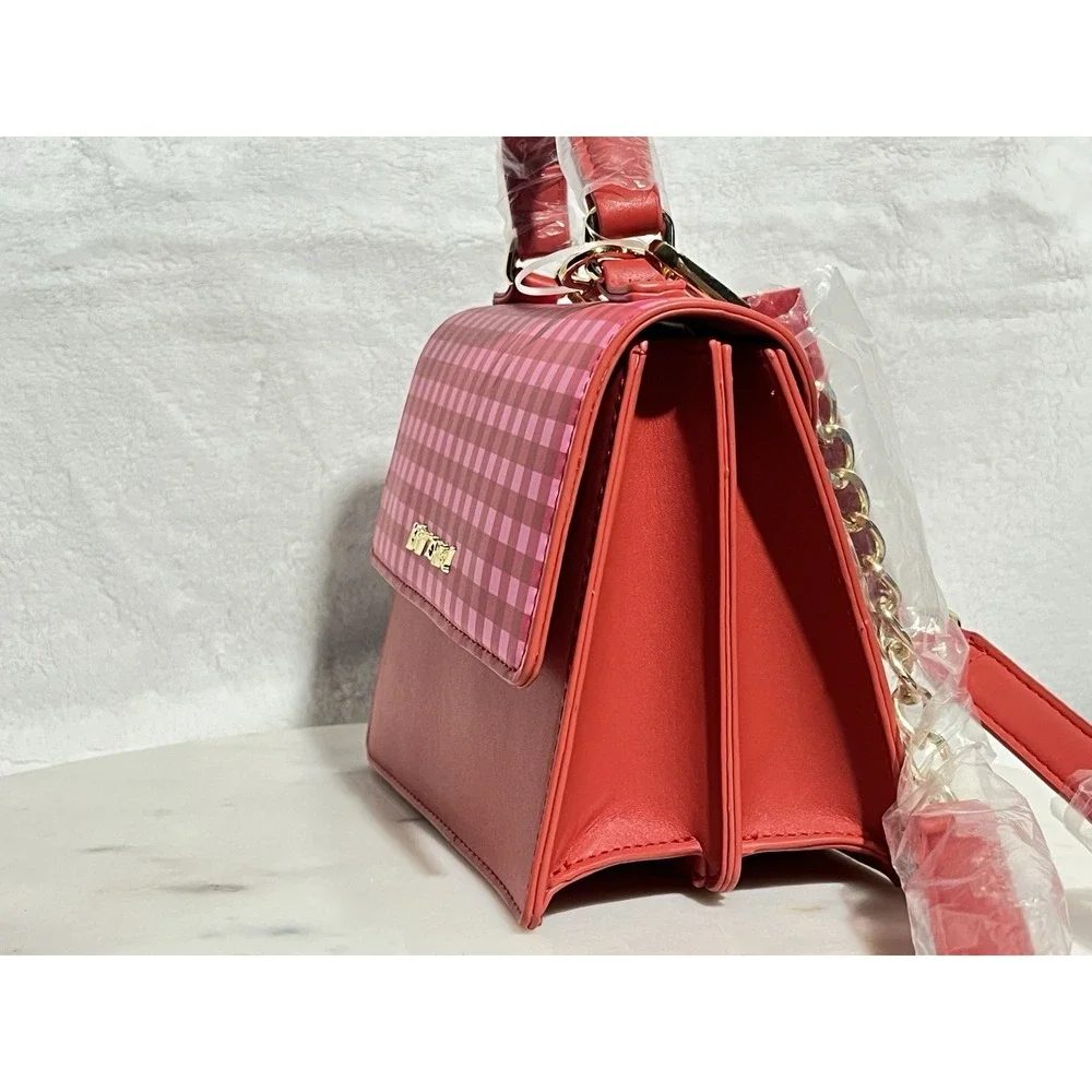 Betsey Johnson Pink & Red Checkered Satchel Queen of Hearts Charm- NWT